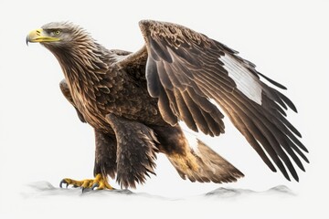 Obraz premium A flying adult White tailed Eagle. Stands out against a blank white background. Haliaeetus albicilla is its scientific name; other common names include white tailed sea eagle, ern, erne, gray eagle, E