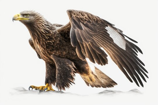 A flying adult White tailed Eagle. Stands out against a blank white background. Haliaeetus albicilla is its scientific name; other common names include white tailed sea eagle, ern, erne, gray eagle, E