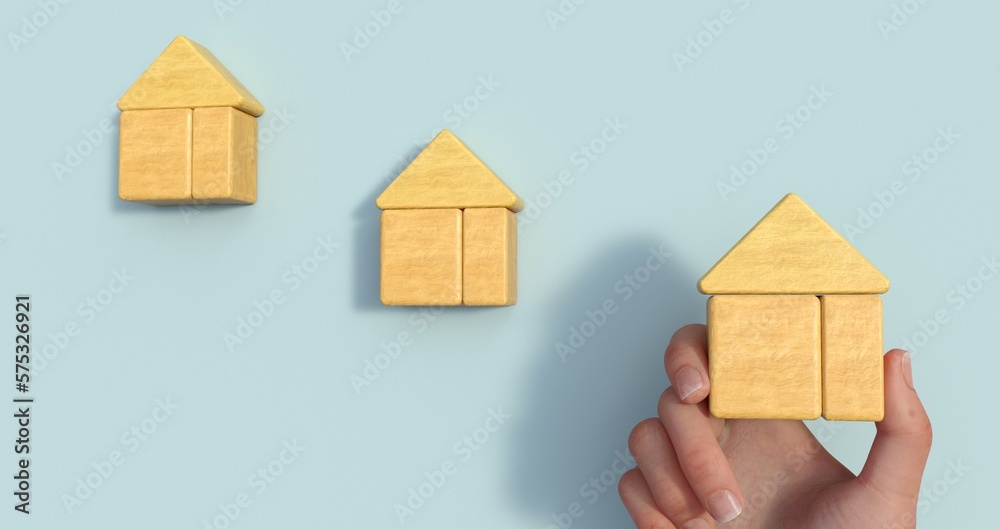 Poster business process management and automation concept with person moving wooden pieces on flowchart dia