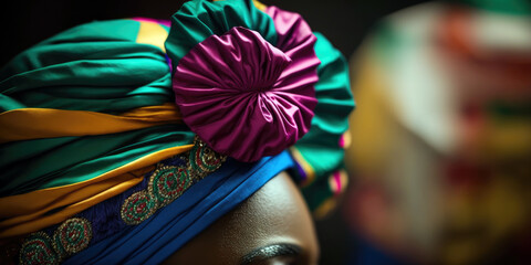 Brightly Colored Nigerian Headwrap at Cultural Ceremony in Lagos (created with Generative AI)