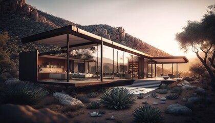 Obraz premium exterior of a modern house in a minimalist style against the backdrop of a beautiful landscape, generative AI