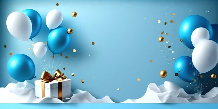 Holiday celebration background with blue sky Gold balloons banner , copy space for text by ai generative