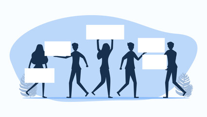 Silhouettes of people holding blank placards. Presenting or expressing an idea. Space to enter text. vector illustration