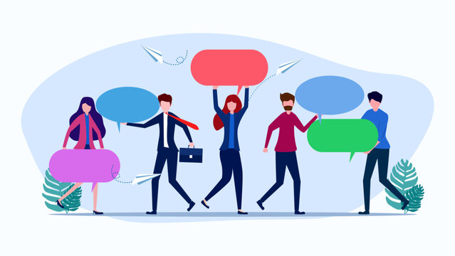 People Holding Speech Bubbles Or Thought Bubbles. Leave A Comment Or Suggestion. Vector Illustration Eps