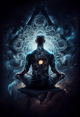 Superior being full of energy. Full consciousness, alien spirit, god level. Man Meditating in yoga lotus pose mental transformation. A state of trance and deep meditation. A spiritual journey in the
