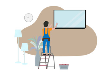 A master in a blue uniform, standing on a ladder sets a TV on the wall, vector illustration, living room with TV