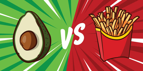 Illustration of avacados vs. fries.The concept of confronting healthy food vs. fast food
