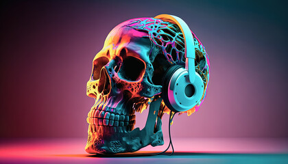 Generative AI illustration of a Creative background of Colorful human skull wearing headphones © ARTMAXX