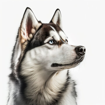 Portrait of a husky dog on a white background. Photorealistic image created by artificial intelligence.