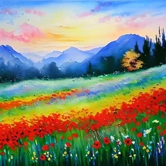 Foto op Plexiglas Impressionism landscape scene paint meadows filled with multicolor wildflower poppies. AI generated illustration. © vector_master