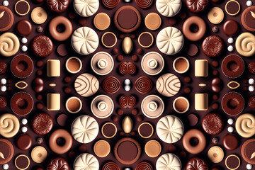Seamless pattern of Candy chocolate pastries and cookies bonbons. Confectionery or bakery. Pattern tray of pastries chocolate biscuits and cookies bonbons, food background. Generative AI