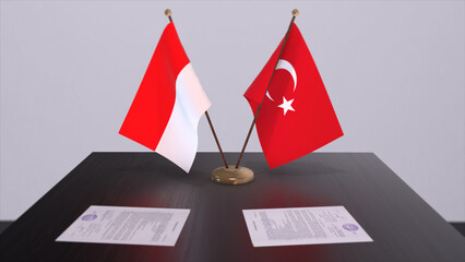Indonesia and Turkey flags at politics meeting. Business deal 3D illustration