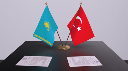 Kazakhstan and Turkey flags at politics meeting. Business deal 3D illustration