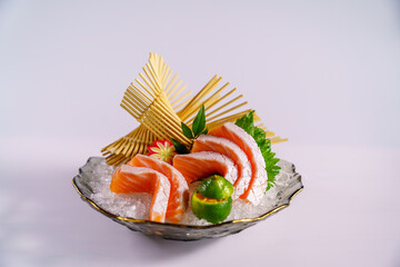 Japanese salmon sashimi on white background