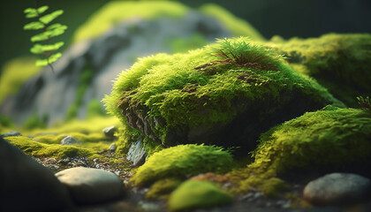 Naklejka na ściany i meble green moss in the forest on a stone. Generative AI