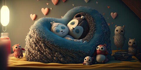 Generative IA, a peaceful and sleeping cute felt animal couple wraped into a blanket, in an artistic composition, birth announcement