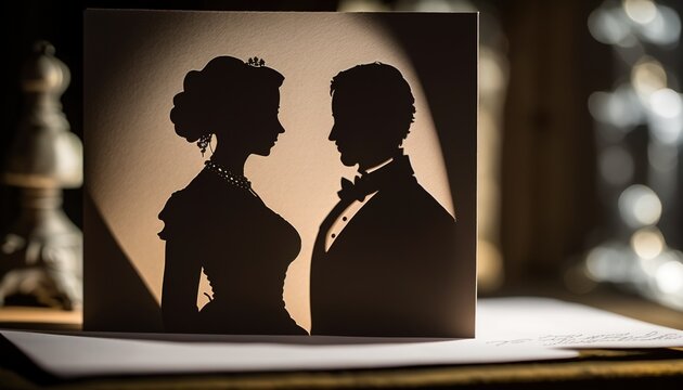 Wedding Card with Bride and Groom Silhouette Illustration, with Licensed Generative AI Technology Assistance