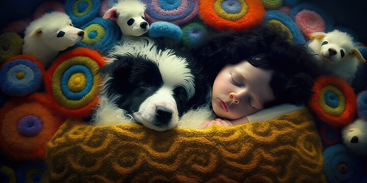 generative IA a peaceful and sleeping little girl under a blanket with a border collie, birth annoucement