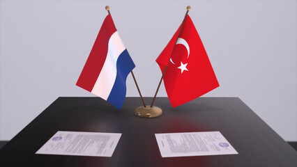 Netherlands and Turkey flags at politics meeting. Business deal 3D illustration