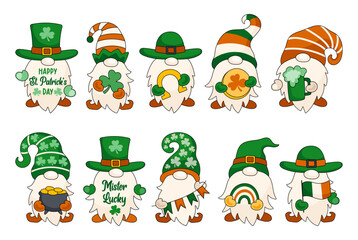 St. Patrick's Day gnome vector illustration set. Cartoon Irish gnome characters clipart