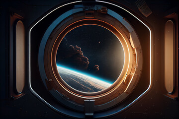 View of outer space from window of space station.