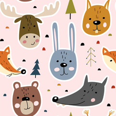 Seamless pattern with cute faces of forest animals in scandinavian style on a pink background. Childish print for baby clothes and interior.