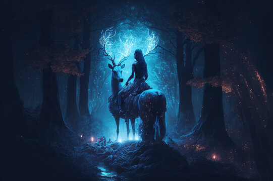 Night fantasy image of mystic woman riding deer in magical forest illumination . Sublime Generative AI image .