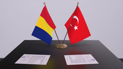 Romania and Turkey flags at politics meeting. Business deal 3D illustration