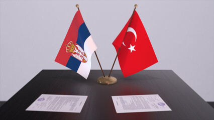 Serbia and Turkey flags at politics meeting. Business deal 3D illustration