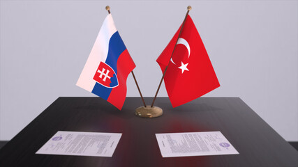 Slovakia and Turkey flags at politics meeting. Business deal 3D illustration