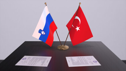 Slovenia and Turkey flags at politics meeting. Business deal 3D illustration
