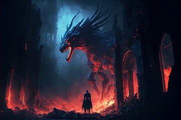 Mythical warrior fighting a three eyed dragon