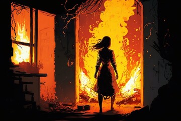 A lady watching a house burning