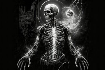 Fototapeta na wymiar Illustration of a cyberpunk skeleton with a digital halo, depicting a humanoid skeleton hooked into alien technology while in a meditative state of prayer. Generative AI