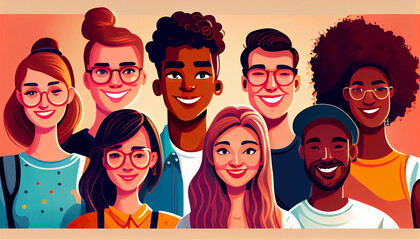 Illustration of a People collage, composit with faces and expressions of different people and ethnicites from the world, cultural diversity