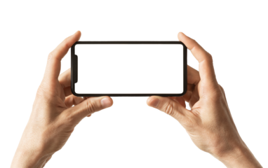 Phone mockup in hand - clipping path, Studio shot of smartphone with blank white screen for web site design, app for mobile phone and advertisement, Isolated design element transparent background
