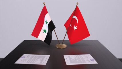 Syria and Turkey flags at politics meeting. Business deal 3D illustration