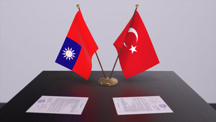 Taiwan and Turkey flags at politics meeting. Business deal 3D illustration