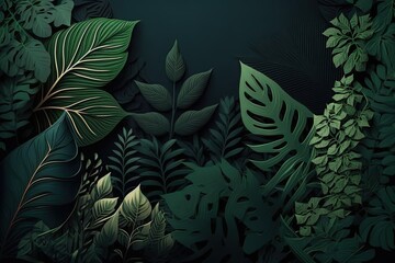 Naklejka na ściany i meble Leaf's garden origin story dark green nature. Cover page environment ecology or greenery wallpaper made from natural green leaves plants. Generative AI