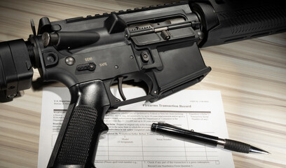 Assault rifle with public domain FBI Background check form - obrazy, fototapety, plakaty