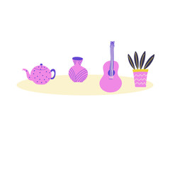 Set of objects that one can buy second hand: guitar, vase, plant, tea pot. Cute design, flat vector illustration. 