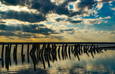 Ancient wooden piles in the Kuyalnitsky estuary, where self-sedimentary salt was mined from salt...