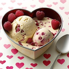 Strawberry ice cream in a heart-shaped bowl on a heart-patterned tablecloth. Created using generative AI and image-editing software.