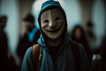 Man wearing a smiling face mask to hide his feelings behind the mask, mental disorder With Generative AI