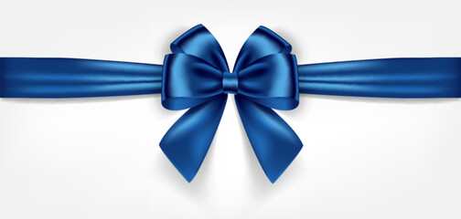Satin decorative blue bow with horizontal ribbon isolated on white background. Vector blue bow and ribbon - 575336928