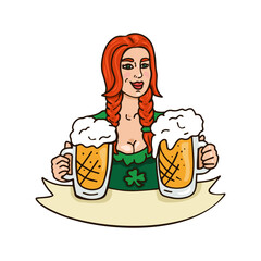 Beautiful girl with glasses of beer with space for text. Logo for St. Patrick's day.