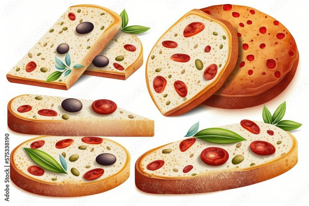 Sticker Slices of Italian ciabatta bread stuffed with olives and spices. Generative AI