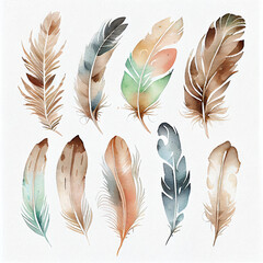 Feather on a white background in watercolor  style, neutral colors. Generative AI