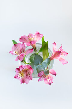 A small bouquet of pink flowers and eucalyptus in a transparent glass on a table on a white background. View from above. Isolated image.