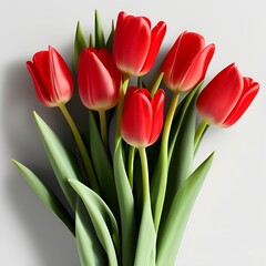 Obraz premium Bouquet red tulips flowers on white background. Desktop wallpapers, social media posts and covers, banner ads. Gift women, digital art style, illustration painting. Realistic concept art. AI generated